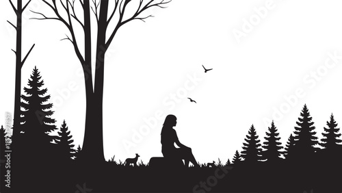 Moody dark enchanted forest silhouette featuring dense trees, mysterious woodland shapes, and a magical atmosphere