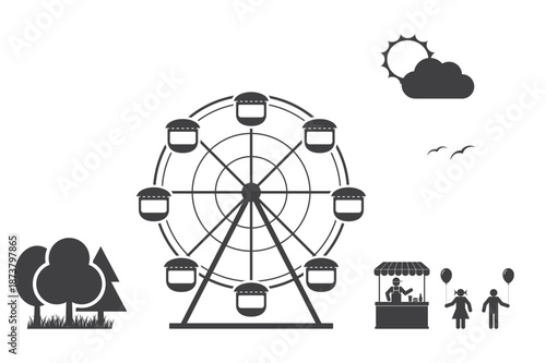 public park fair with ferris wheel attraction and shop kiosk icon