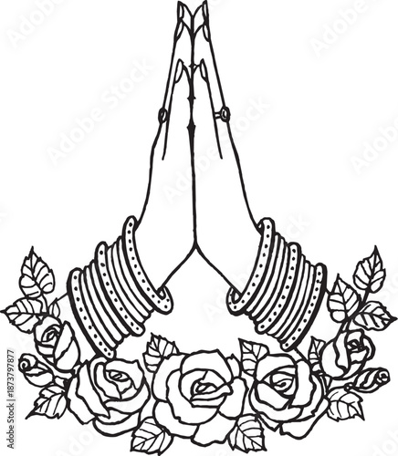 Black and white line art depicting hands in the Namaste gesture, adorned with bangles and framed by a floral arrangement of roses.