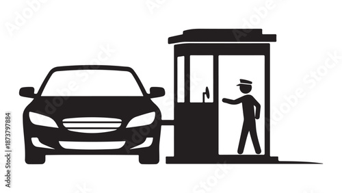 Minimalist gas station with car and attendant Vector, illustration