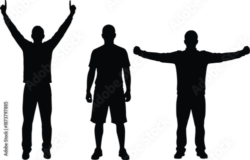 Male gesture silhouettes set, standing men raising arms victory strength poses, black isolated human figures illustration