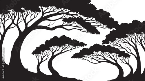 Moody dark enchanted forest silhouette featuring dense trees, mysterious woodland shapes, and a magical atmosphere