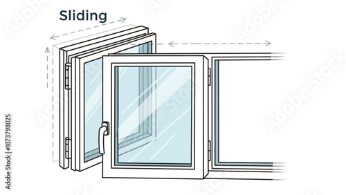 Sliding window mechanism illustrated in a technical drawing style
