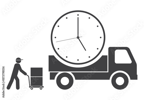 courier with package box near truck delivery icon with clock