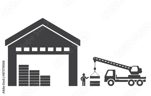 worker work near warehouse load block with crane car icon