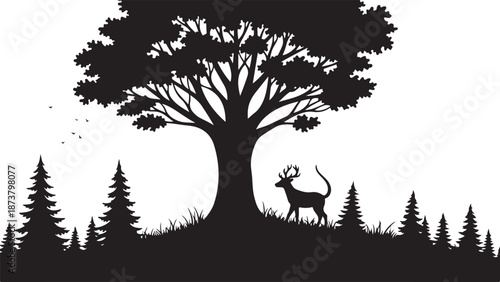 Moody dark enchanted forest silhouette featuring dense trees, mysterious woodland shapes, and a magical atmosphere