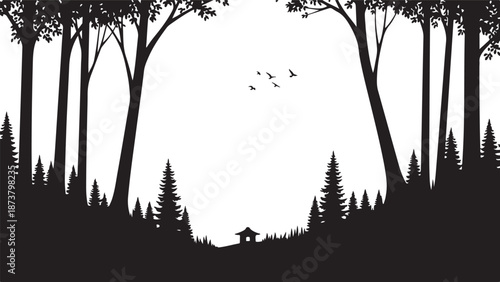 Moody dark enchanted forest silhouette featuring dense trees, mysterious woodland shapes, and a magical atmosphere