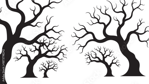 Moody dark enchanted forest silhouette featuring dense trees, mysterious woodland shapes, and a magical atmosphere