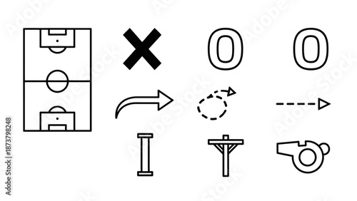 Illustration of soccer field diagram with symbols indicating rules and actions