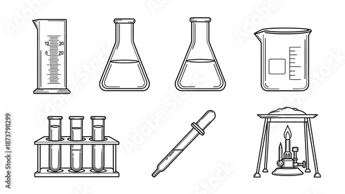 Laboratory equipment including beakers, test tubes, and a Bunsen burner on a white background.