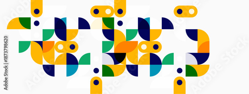 Abstract geometric shapes, vibrant colors, playful composition. Circles, arcs, dots create dynamic visual pattern. Modern design.