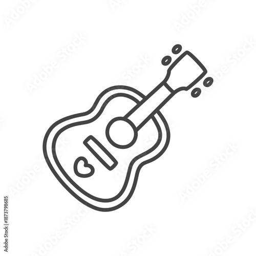 Cute guitar icon. Monochrome doodle illustration of an acoustic guitar decorated with a small heart. Kawaii sticker. Vector 10 EPS.