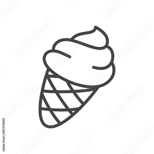 Cute ice cream icon. Monochrome doodle illustration of ice cream cone with soft swirl, classic sweet treat illustration. Kawaii sticker. Vector 10 EPS.