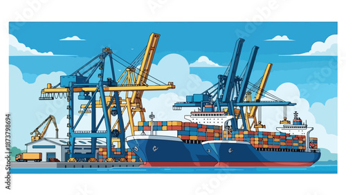 Busy shipping port with cargo ships and cranes Vector, illustration