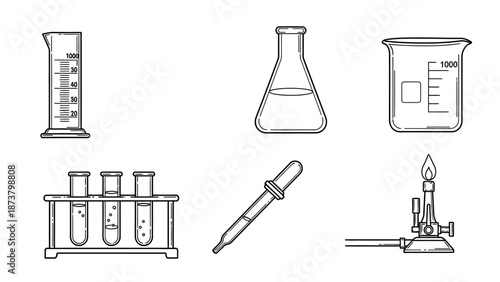 Laboratory equipment set on a clean white background for scientific experiments and research purposes from a straightforward viewpoint
