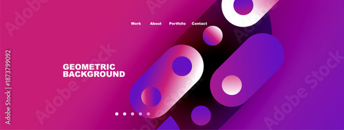 Abstract geometric design. Vibrant purple, pink hues dominate. Navigation menu present, text reads geometric background. Modern, stylish presentation.