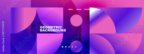 Abstract geometric background. Vibrant purple, pink hues blend. Text elements present, navigation visible. Modern design aesthetic.