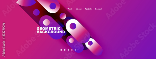 Abstract geometric shapes, vibrant pink purple gradient. Text reads Geometric Background, navigation links present. Modern design.