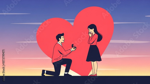 Man Proposing to Woman on One Knee with Ring against Large Red Heart during Sunset