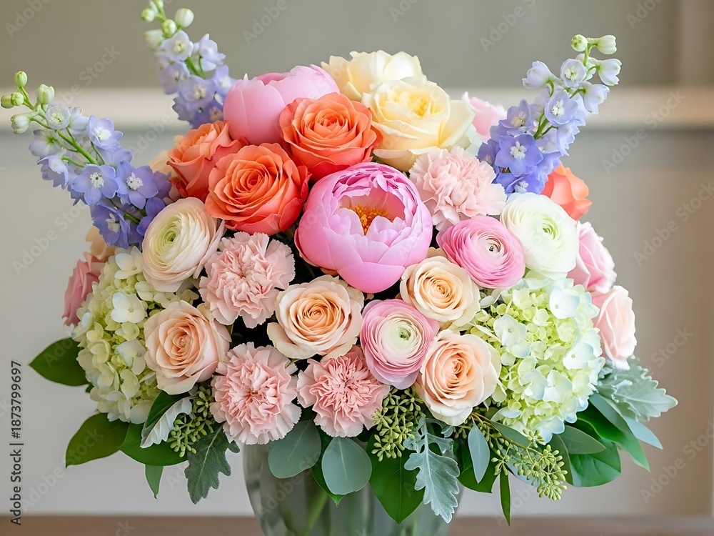 Obraz premium Exquisite flower arrangement featuring roses, peonies, and hydrangeas indoor