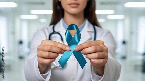 Doctor holding teal awareness ribbon for medical campaign support
