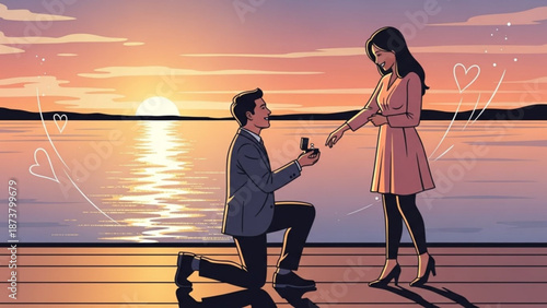 Man Proposing to Woman on Dock during Sunset