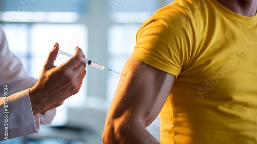 Healthcare worker administering vaccine injection into male arm for immunity