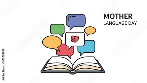 Open book with colorful speech bubbles and heart icon concept for Mother Language Day celebration communication and education vector illustration