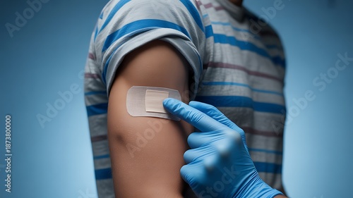 Patient arm with adhesive bandage after medical injection