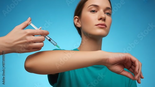 Woman arm injection vaccination procedure blue background