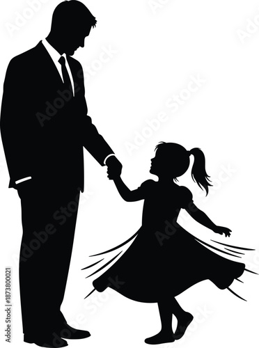 Black silhouette of father in suit holding hands with young daughter dancing, family love, parenting, childhood joy, and emotional bond.