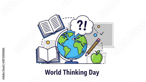 World Thinking Day Concept with Globe, Books, and Apple on White Background