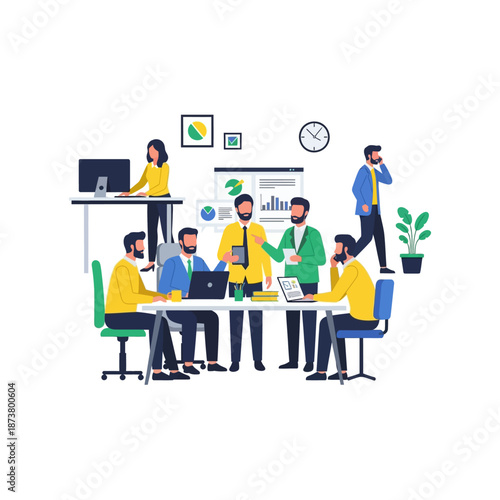 Diverse business team collaborating in a modern office, engaging in a meeting and individual work tasks.