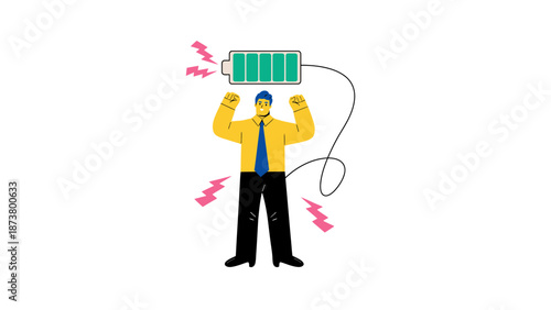A cartoon man holding a green battery above his head with lightning bolts