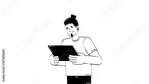 A man in a simple outfit holding a tablet and smiling slightly