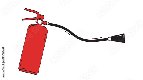 A red fire extinguisher with a black hose on a white background