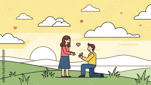 Man Proposing to Woman on One Knee in Green Field during Sunset