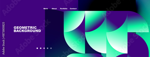 Modern website header design. Vibrant geometric shapes, purple tones, navigation menu present. Clean, professional aesthetic.