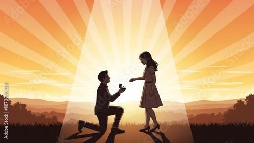 Man Proposing to Woman at Sunset on One Knee with Ring