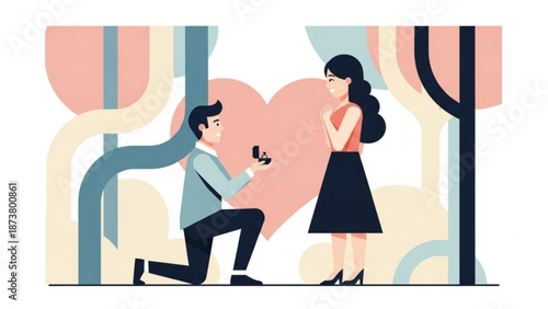Man Proposing to Woman with Ring on One Knee in Front of Heart Shape