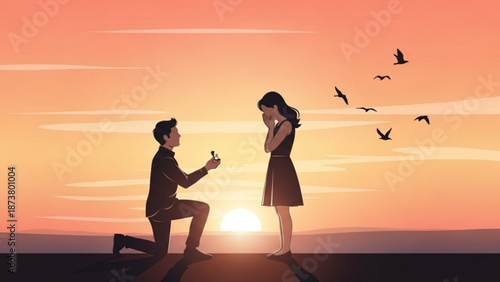 Man Proposing to Woman at Sunset with Birds Flying Away