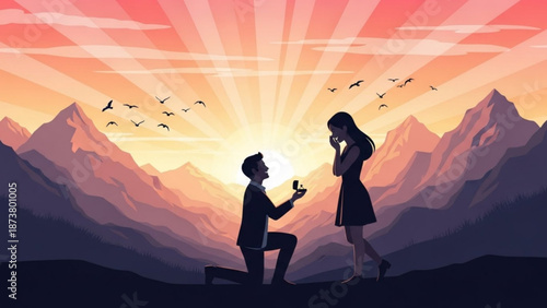 Man Proposing to Woman at Sunset with Mountains Background