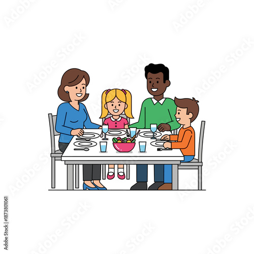 A happy diverse family of four, including parents and two children, enjoying a meal together at a dining table.