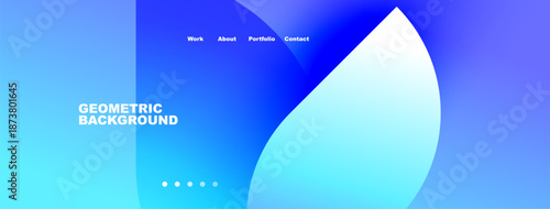 Blue gradient website header. Geometric shapes, text labels present. Navigation menu visible, dots indicate sections. Modern design aesthetic.