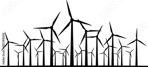 Black silhouette of wind turbine farm on white background, renewable energy icons, sustainable power generation, industrial ecology and eco-friendly technology.
