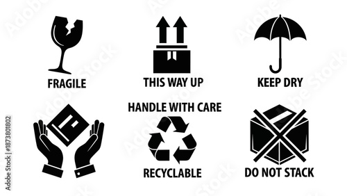 Set of packaging symbols for handling instructions displayed on a white background