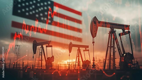 原油価格下落と米国経済を象徴する石油ポンプとマーケットチャート