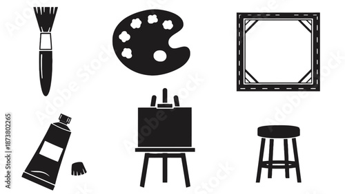 An artist's tools are arranged on a white background, including a brush, palette, canvas, and easel.