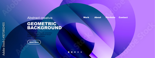 Abstract website header design. Geometric shapes, purple hues, text overlay, navigation menu present. Modern, clean aesthetic.