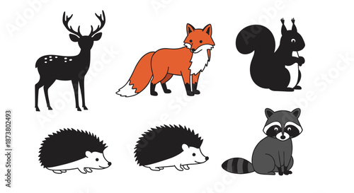 Forest animal silhouettes including deer, fox, squirrel, and raccoon  